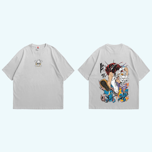 تيشيرت أنمي أبيض أوفرسايز بشخصية لوفي في طور Gear 5 من One Piece – تصميم حصري من Sugoi Store