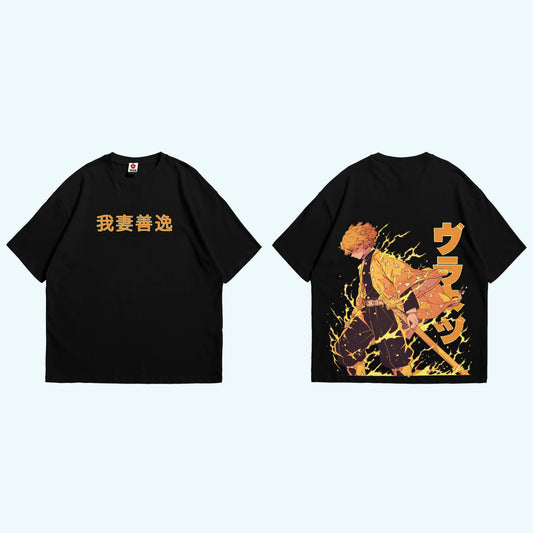 تيشيرت أوفرسايز لون اسود عليه تصميم زينتسو من انمي ديمون سلاير مقدم من Sugoi Store