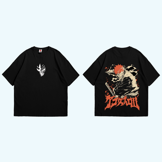 صورة تيشيرت أسود عليه تصميم إيشيغو كوروساكي في هيئة الهولو من أنمي بليتش من Sugoi Store.