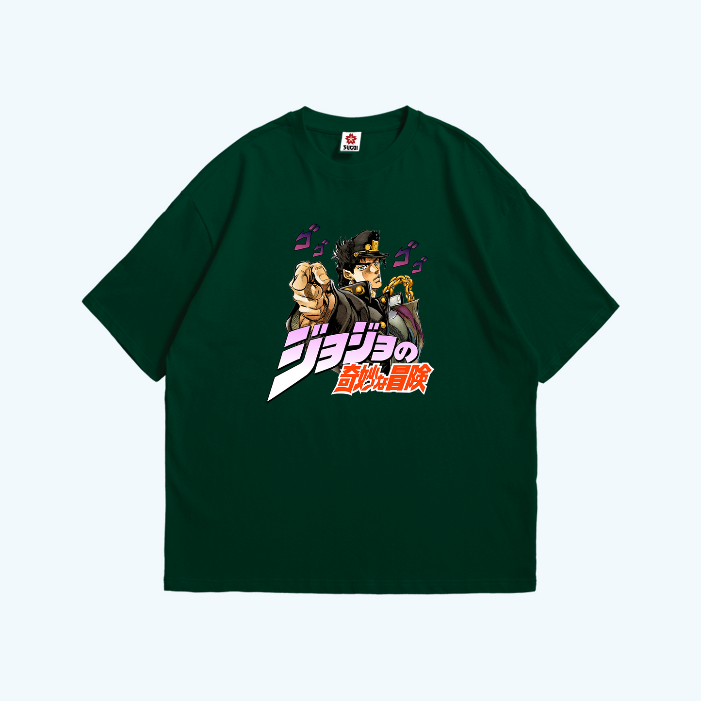 صورة تيشيرت اخضر زيتي عليه تصميم جوتارو كوجو من أنمي جوجو من Sugoi Store.