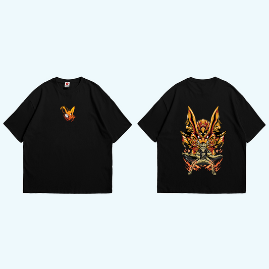 تيشيرت أوفرسايز اسود عليه تصميم ناروتو وكوراما في وضعية قتالية