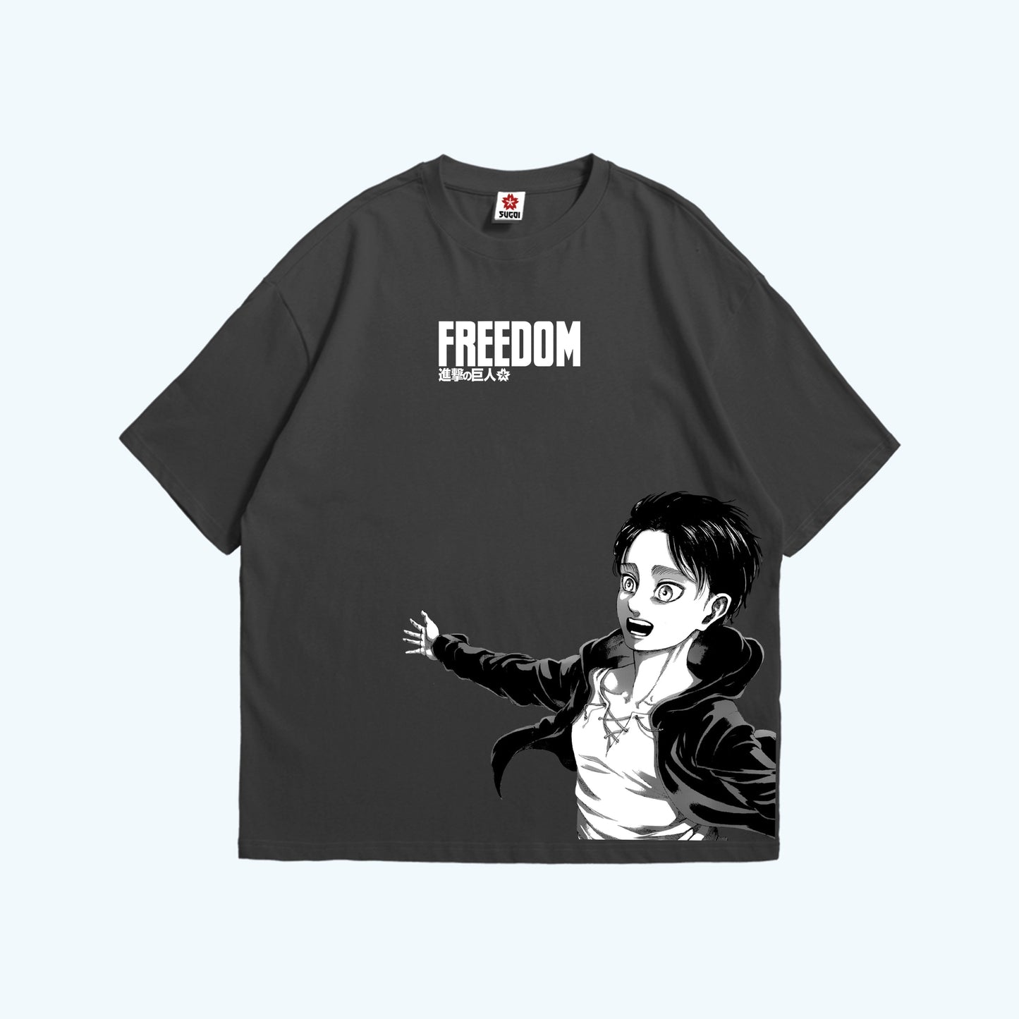 تيشيرت أوفرسايز رصاصي عليه صورة إيرين من انمي هجوم العمالقة وكلمة freedom مقدم من Sugoi Store