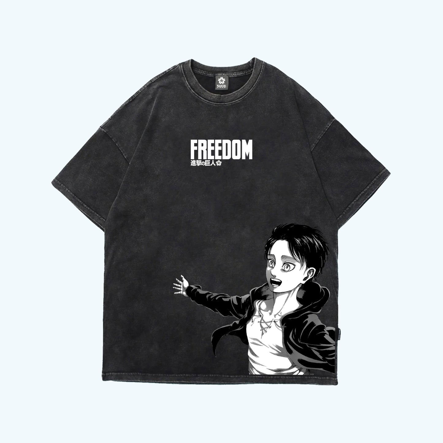 تيشيرت أوفرسايز محجر عليه صورة إيرين من انمي هجوم العمالقة وكلمة freedom مقدم من Sugoi Store