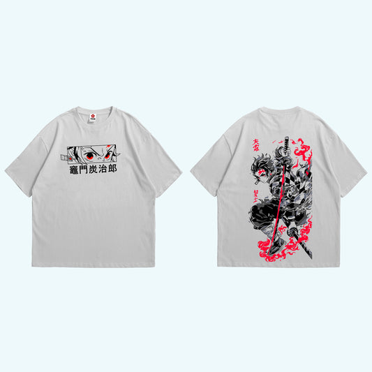 تيشيرت أوفرسايز لون ابيض عليه تصميم تانجيرو من انمي ديمون سلاير مقدم من Sugoi Store