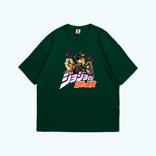 صورة تيشيرت اخضر زيتي عليه تصميم جوتارو كوجو من أنمي جوجو من Sugoi Store.